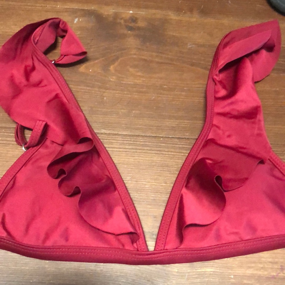 Red Deep-V Ruffled Triangle-Cup, Low Rise Bikinis - Picture 3 of 8